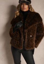Brązowa Panterkowa Kurtka Futerko z Wsuwanymi Kieszeniami Neliven. Brązowe kurtki Renee, bez wzorów, z futra, eleganckie, bez kaptura. W wyprzedaży za 188.99 zł.