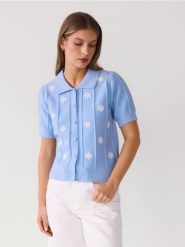 Kardigan z kołnierzem - jasnoniebieski. Niebieskie swetry Reserved, l, bez wzorów, z dzianiny, bez ramiączek. Za 129.99 zł.