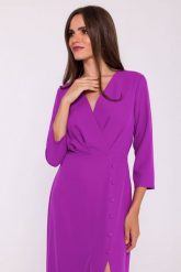 Elegancka sukienka rozkloszowana kopertowy dekolt lawenda. Sukienki Stylove, l, bez wzorów, z elastanu, eleganckie, bez kołnierzyka, bez ramiączek, dopasowane. Za 359.00 zł.