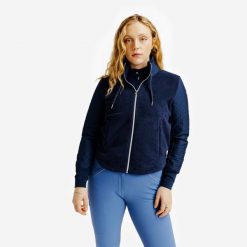 Bluza jeździecka damska 500 ciepła. Niebieskie bluzy FOUGANZA, na jesień, xl, bez wzorów, z materiału, eleganckie, bez ramiączek, bez kaptura. Za 99.99 zł.