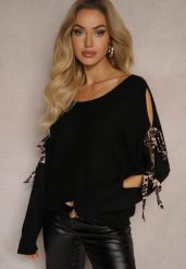 Czarny Nietoperzowy Sweter z Moherem Ozdobiony Wiązaniami w Panterkowy Print Semitha. Czarne swetry Renee, bez wzorów, z jeansu, casualowe, bez ramiączek. W wyprzedaży za 63.99 zł.