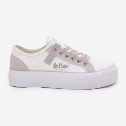 Trampki Damskie Na Platformie Lee Cooper LCW-25-31-3479L Biało-Szare białe. Białe trampki bez wzorów, klasyczne, bez zapięcia. Za 197.76 zł.
