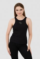 GUESS Czarny top Round Nk Guendalina. Czarne topy Guess, s, z aplikacjami, bez kołnierzyka, bez ramiączek. W wyprzedaży za 128.99 zł.