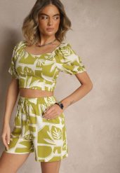 Zielony Wiskozowy Komplet w Roślinny Wzór Szorty i Bluzka Felindera. Zielone bluzki Renee, l, bez wzorów, z wiskozy, eleganckie, bez kołnierzyka, bez ramiączek. W wyprzedaży za 55.99 zł.