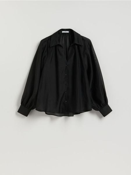 Transparentna koszula - czarny. Czarne koszule Reserved, l, bez wzorów, z tkaniny, bez kołnierzyka, bez ramiączek. W wyprzedaży za 79.99 zł.