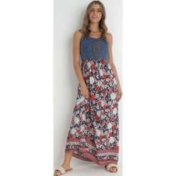 Granatowa Sukienka Giric. Niebieskie sukienki Born2be, l, bez wzorów, z jeansu, boho, bez kołnierzyka, bez ramiączek, maxi, dopasowane. W wyprzedaży za 84.99 zł.