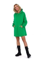 Krótka Dzianinowa Sukienka z Kapturem - Zielona. Zielone sukienki MOE, l, bez wzorów, z bawełny, wizytowe, bez kołnierzyka, bez ramiączek, mini. Za 334.90 zł.