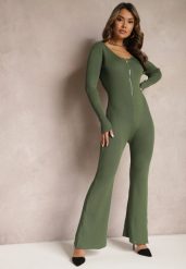 Zielony Kombinezon Bodycon z Prążkowanej Wiskozy ze Spodniami Typu Dzwony i Suwakiem Lavirna. Zielone sukienki Renee, uniwersalny, bez wzorów, prążkowane, eleganckie, bez kołnierzyka, bez ramiączek, bodycon. W wyprzedaży za 107.99 zł.