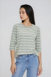 Bluzka w paski oliwkowa. Zielone bluzki MOODO, bez wzorów, z bawełny, bez kołnierzyka, bez ramiączek. Za 59.99 zł.