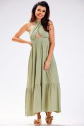 Maxi Letnia Sukienka Wiskozowa Wiązana na Karku - Zielona. Zielone sukienki Awama, l, bez wzorów, z elastanu, wizytowe, bez kołnierzyka, bez ramiączek, maxi. Za 279.90 zł.