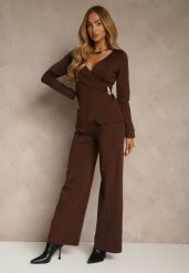 Brązowy Dzianinowy Komplet Szerokie Spodnie z Wiskozą i Kopertowy Sweter Enssa. Brązowe swetry Renee, m, bez wzorów, z dzianiny, bez ramiączek. Za 229.99 zł.
