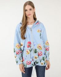 Luźna kurtka w kwiaty. Niebieskie kurtki Unisono, l, bez wzorów, z bawełny, bez kaptura. Za 219.00 zł.