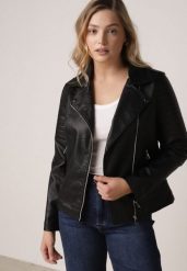 Czarna Klasyczna Kurtka Ramoneska w Motocyklowym Stylu Kelmi. Czarne kurtki Born2be, l, bez wzorów, z jeansu, klasyczne, bez kaptura. Za 119.99 zł.