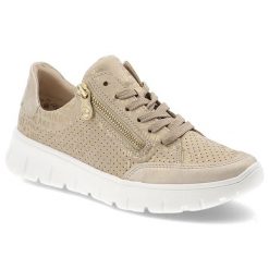 Beżowe Półbuty Rieker Modne Obuwie Damskie. Brązowe półbuty wsuwane Rieker, bez wzorów, z jeansu, eleganckie, bez obcasa. Za 305.99 zł.