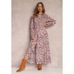 Fioletowa Sukienka Koszulowa w Kwiaty Mirannie. Fioletowe sukienki Renee, s, bez wzorów, boho, bez kołnierzyka, bez ramiączek, maxi, koszulowe. W wyprzedaży za 43.99 zł.