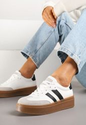 Biało-Czarne Klasyczne Sneakersy Tenisówki na Niskiej Platformie Denirla. Białe trampki Renee, bez wzorów, z jeansu, eleganckie, bez zapięcia. W wyprzedaży za 75.99 zł.