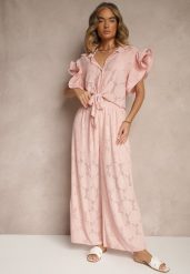 Różowy Komplet Ażurowy Bluzka o Koszulowym Kroju i Spodnie z Szeroką Nogawką Linaniria. Czerwone bluzki Renee, l, w ażurowe wzory, eleganckie, bez kołnierzyka, bez ramiączek. W wyprzedaży za 135.99 zł.