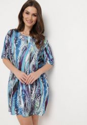 Niebieska Tunika w Abstrakcyjny Wzór z Krótkimi Kieszeniami Anbaria. Niebieskie tuniki Born2be, xl, bez wzorów, wakacyjne, bez kołnierzyka, bez ramiączek. Za 79.99 zł.