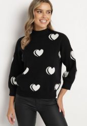 Czarno-Biały Sweter z Modalem i Wiskozą w Serca Zeanita. Czarne swetry Born2be, l, bez wzorów, z jeansu, eleganckie, bez ramiączek. W wyprzedaży za 101.99 zł.