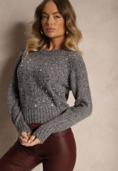 Ciemnoszary Casualowy Sweter z Bawełną i Cekinami Savintha. Szare swetry Renee, z aplikacjami, z bawełny, casualowe, bez ramiączek. W wyprzedaży za 63.99 zł.