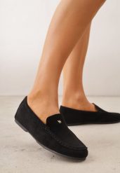 Czarne Mokasyny VICES z Wkładką ze Skóry Naturalnej i Metalicznym Elementem Alcimene. Czarne mokasyny Renee, bez wzorów, z materiału, z okrągłym noskiem. Za 89.99 zł.