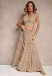 Beżowa Rozkloszowana Spódnica z Gumką w Talii Zdobiona Falbanami Dovinelle. Brązowe spódnice Renee, na co dzień, l, z aplikacjami, eleganckie, maxi, rozkloszowane. W wyprzedaży za 35.99 zł.