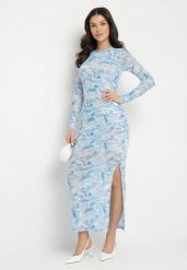 Niebieska Dopasowana Sukienka z Siateczki z Wiskozą w Abstrakcyjny Wzór Sarilene. Niebieskie sukienki Born2be, na co dzień, l, bez wzorów, z wiskozy, eleganckie, bez kołnierzyka, bez ramiączek, maxi, dopasowane. W wyprzedaży za 110.49 zł.
