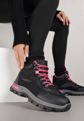 Czarno-Fuksjowe Buty Tekkingowe Trapery Vices z Geometrycznym Wzorem Anerisse. Czarne traperki Born2be, bez wzorów, z jeansu, bez obcasa, bez zapięcia. Za 89.99 zł.