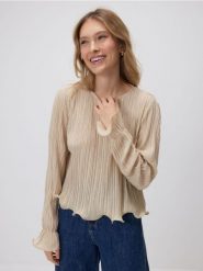 Bluzka w prążki - beżowy. Brązowe bluzki Reserved, l, bez wzorów, z dzianiny, bez kołnierzyka, bez ramiączek. Za 119.99 zł.