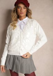 Biały Kardigan na Guziki z Wiskozą i Cekinami Evelith. Białe swetry Renee, z aplikacjami, z jeansu, eleganckie, bez ramiączek. W wyprzedaży za 103.99 zł.