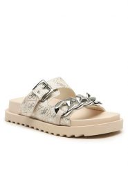 Guess Klapki Fatema FL6FAT FAL03 Beżowy. Brązowe klapki Guess, z aplikacjami, z materiału, bez obcasa, bez zapięcia. Za 459.99 zł.