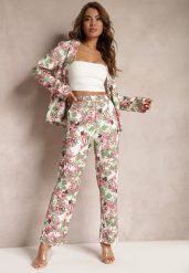 Różowo-Białe Spodnie w Kwiatowy Print High Waist z Szeroką Nogawką Lastaria. Czerwone jeansy Renee, l, bez wzorów, z jeansu, z podwyższonym stanem. W wyprzedaży za 91.99 zł.
