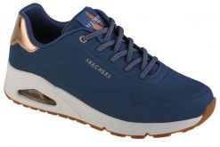 Buty do chodzenia damskie, Skechers Uno-Shimmer Away. Niebieskie buty treningowe Skechers, bez wzorów, z materiału, przed kostkę, bez zapięcia, trekkingowe. Za 279.99 zł.
