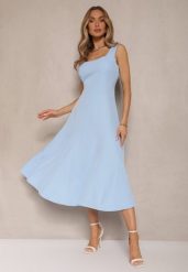 Niebieska Rozkloszowana Sukienka w Klasycznym Stylu Deslene. Niebieskie sukienki Renee, na co dzień, l, bez wzorów, eleganckie, bez kołnierzyka, bez ramiączek, midi, proste. Za 109.99 zł.