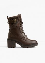 Kozaki sznurowane Mustang. Brązowe kozaki bonprix, bez wzorów, bez obcasa, na obcasie, bez zapięcia. Za 349.99 zł.