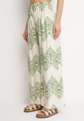 Zielone Wiskozowe Szerokie Spodnie z Geometrycznym Wzorem Faneoriela. Zielone jeansy Born2be, bez wzorów, z jeansu, eleganckie. Za 69.99 zł.