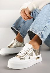 Złote Trampki na Grubej Podeszwie z Cyrkoniową Naszywką Penirea. Żółte trampki Renee, z aplikacjami, sportowe, bez zapięcia. W wyprzedaży za 63.99 zł.