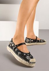 Czarne Espadryle z Siateczki na Plecionej Podeszwie Zdobione Haftem Evelritia. Czarne espadryle Renee, z aplikacjami, z jeansu, eleganckie, bez obcasa. Za 99.99 zł.