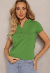 Zielony Bawełniany T-shirt z Guzikami przy Dekolcie Wialina. Zielone t-shirty Renee, m, bez wzorów, z bawełny, klasyczne, bez kołnierzyka, bez ramiączek. W wyprzedaży za 39.99 zł.