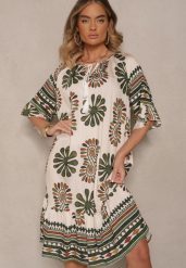 Ciemnozielona Pudełkowa Sukienka z Wiskozy w Abstrakcyjny Wzór Revirelle. Zielone sukienki Renee, na spotkanie biznesowe, l, bez wzorów, z materiału, eleganckie, bez kołnierzyka, bez ramiączek, midi. W wyprzedaży za 55.99 zł.