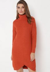 Czerwona Sweterkowa Sukienka z Golfem i Asymetrycznym Dołem Elisane. Brązowe sukienki Born2be, na co dzień, l, bez wzorów, eleganckie, z asymetrycznym kołnierzem, bez ramiączek, mini, asymetryczne. W wyprzedaży za 67.99 zł.