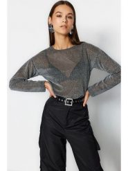 Trendyol Bluzka w kolorze antracytowym rozmiar: M. Czarne bluzki Trendyol, m, bez wzorów, bez kołnierzyka, bez ramiączek. Za 56.99 zł.