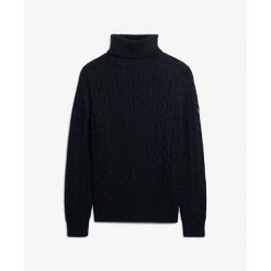 Sweter na plecionce z golfem damski Superdry. Niebieskie swetry Superdry, na zimę, bez wzorów, ze splotem, bez ramiączek. Za 326.65 zł.