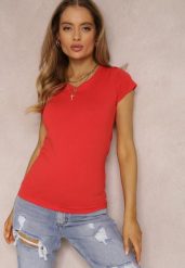 Czerwony T-shirt Mirasura. Czerwone t-shirty Renee, l, bez wzorów, z dzianiny, bez kołnierzyka, bez ramiączek. W wyprzedaży za 23.99 zł.