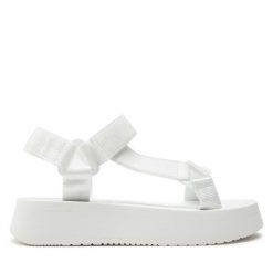 Sandały Calvin Klein Jeans. Białe sandały Calvin Klein Jeans, bez wzorów, z jeansu, bez obcasa, na płaskiej podeszwie, bez zapięcia. Za 329.99 zł.