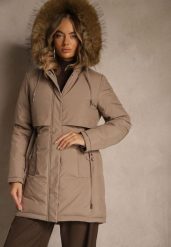 Ciemnobeżowa Klasyczna Kurtka Parka z Kapturem z Futrem Nalisava. Brązowe kurtki Renee, l, bez wzorów, z dzianiny, klasyczne, z kapturem. Za 319.99 zł.