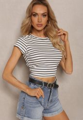 Biały Prążkowany T-shirt z Bawełny o Krótkim Kroju Zolira. Białe t-shirty Renee, l, bez wzorów, z bawełny, klasyczne, bez kołnierzyka, bez ramiączek. W wyprzedaży za 39.99 zł.