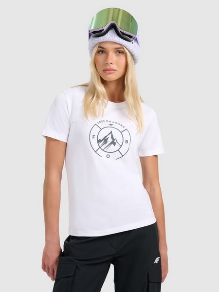 4F T-shirt regular z nadrukiem damski - biały L. Białe t-shirty 4f, l, bez wzorów, z bawełny, bez kołnierzyka, bez ramiączek. Za 59.99 zł.