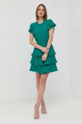 Twinset sukienka z domieszką jedwabiu kolor zielony mini rozkloszowana. Zielone sukienki Twinset, bez wzorów, z tkaniny, bez kołnierzyka, bez ramiączek, mini, rozkloszowane. Za 1,619.90 zł.