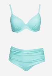 Miętowe Bikini Dwuczęściowe Biustonosz Wiązany na Plecach i Marszczone Majtki z Wysokim Stanem Dolubia. Zielone bikini Born2be, bez wzorów, klasyczne. Za 89.99 zł.